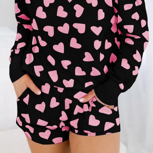 Black Valentine Heart Shape Print Long Sleeve Top Shorts Lounge Set - Picture 2 of 11